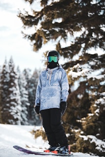 A person wearing a light blue snow jacket, black snow pants, gloves, and a helmet with goggles stands on a snowboard on a snowy slope. The scene is set among evergreen trees covered with snow, suggesting a winter setting.
