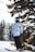A person wearing a light blue snow jacket, black snow pants, gloves, and a helmet with goggles stands on a snowboard on a snowy slope. The scene is set among evergreen trees covered with snow, suggesting a winter setting.