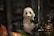 A decorative panda figurine with black and white colors sits holding a slender, green object that resembles bamboo. The panda has a glossy finish and sits among other ornate items, including what appears to be intricately designed figures or objects with gold, green, and maroon colors.