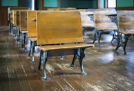 Snapshot of a nostalgic classroom with desks and a chalkboard from 2006.