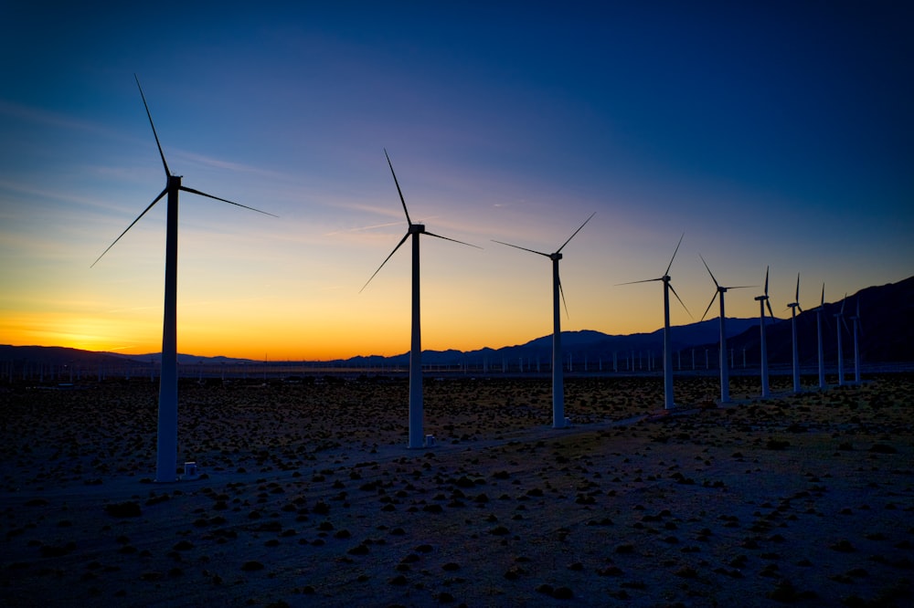 wind turbines on brown sand during sunset