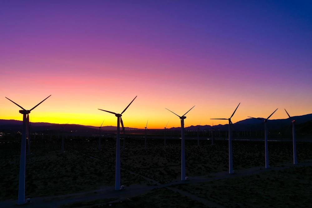 wind turbines on field during sunset