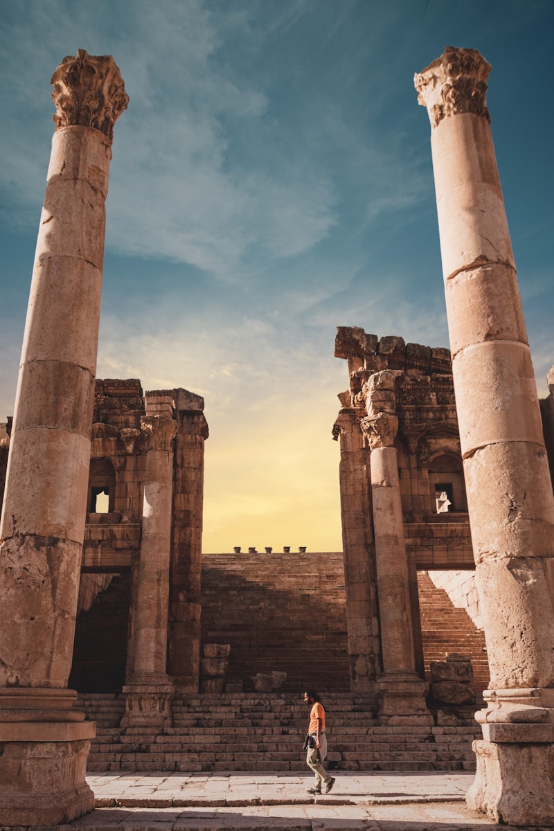 Ancient Roman columns and ruins at Jerash archaeological site, Jordan