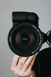 A hand holding a black camera with a large zoom lens