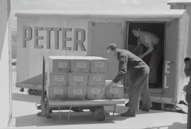 A professional mover carefully loading boxes onto a small trailer.