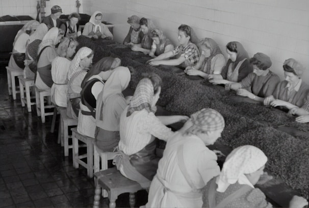 A group of women working together at a long table inside an industrial setting. They are wearing work attire, including headscarves and aprons, and appear to be sorting or processing a material laid out on the table. The room has tiled floors and walls, suggesting a factory environment.