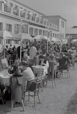 An outdoor seating area filled with guests.