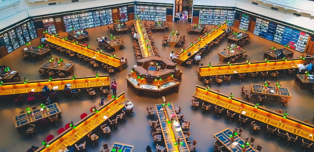 high angle photography of people inside building