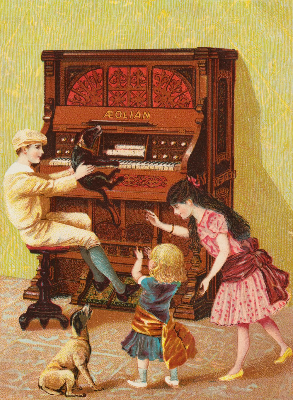 man and woman sitting on chair playing piano painting