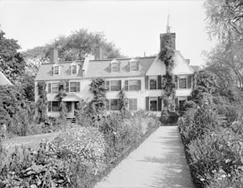 A large, historic house is surrounded by an overgrown garden with vines covering parts of the structure. The pathway leading to the entrance is flanked by lush foliage, and towering trees form a backdrop. The architectural style suggests an old-world charm.