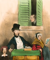 A historical scene featuring three figures: a child with a surprised expression, a well-dressed man in a top hat looking startled, and a seated woman holding a book with a calm demeanor. An older man is peering suspiciously through a partially open, green shuttered window above them.