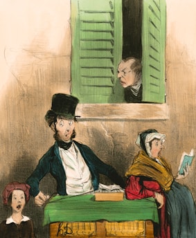 A historical scene featuring three figures: a child with a surprised expression, a well-dressed man in a top hat looking startled, and a seated woman holding a book with a calm demeanor. An older man is peering suspiciously through a partially open, green shuttered window above them.