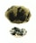 Two detailed illustrations of mineral specimens are depicted, one large and one smaller. The large specimen features a dark, uneven surface with greenish and brown hues, suggesting a rough texture. The smaller specimen below shows intricate formations with a mix of black and cream colors and delicate, swirling patterns surrounding it.