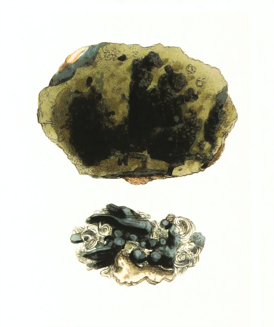 A vintage collector card featuring a rare mineral specimen with detailed illustrations