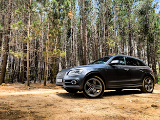 A sleek black SUV parked beside a mountain trail with pine trees in the background