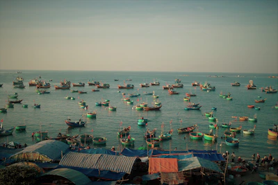 A panoramic view of the Indian Ocean with fishing boats and tackle gear ready for the day.