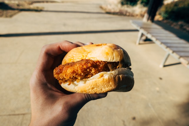 A hand holding a sandwich with a crispy fried filling, likely chicken, between two soft buns. The background appears to be a sunny outdoor setting, possibly a park or a sidewalk area with a bench in the distance.