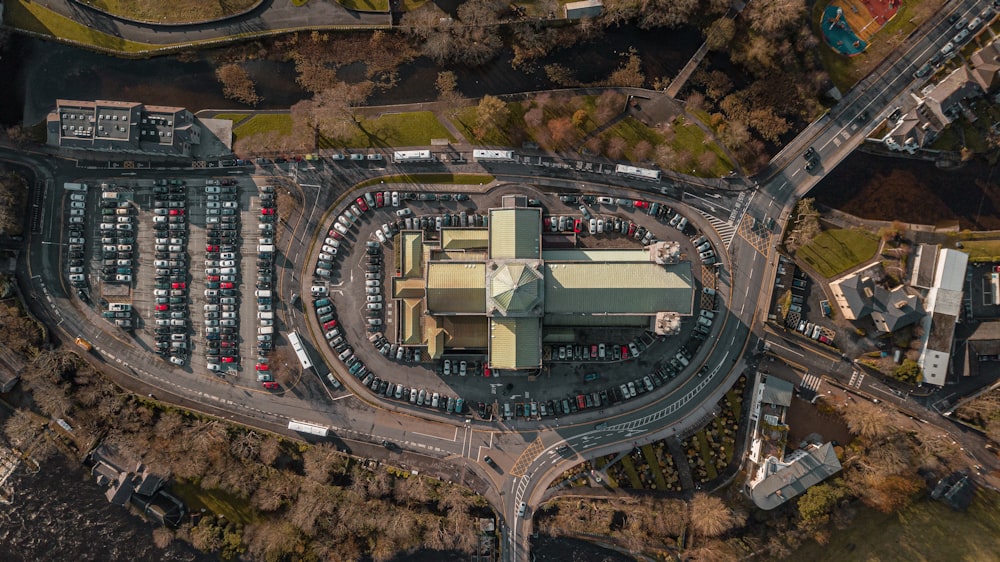 aerial view of green and brown building
