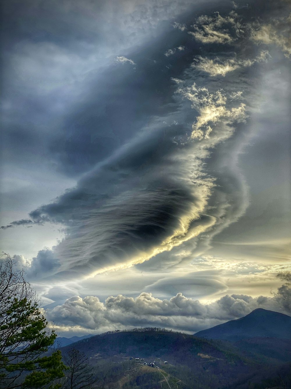 昼間の白い雲と青い空に映える緑の木々