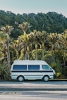 blue van on road near green trees during daytime