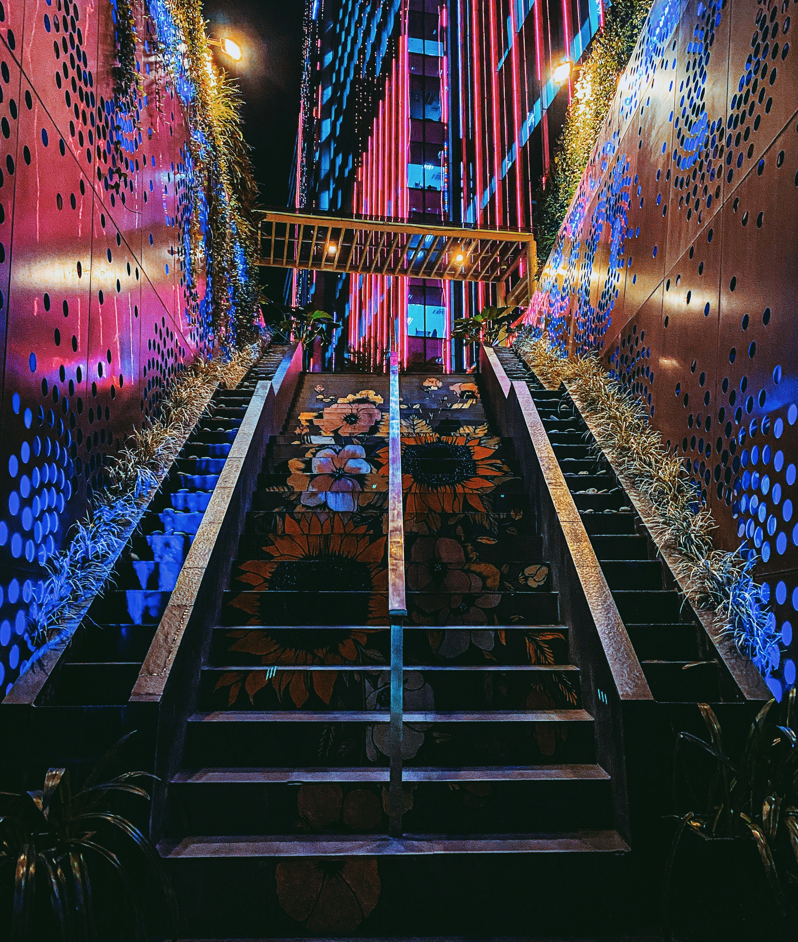 black metal stairs with lights