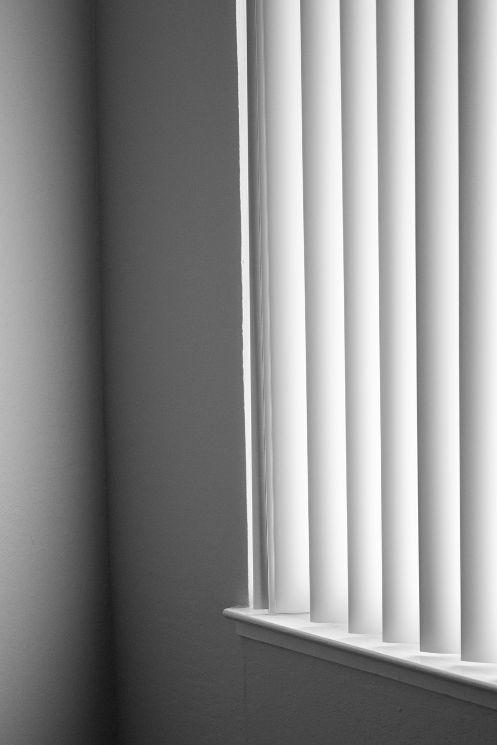 a black and white photo of a window with blinds