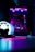 A dimly lit desk setup featuring a gaming mouse on a glowing pink mouse pad, accompanied by headphones resting near a spherical light. In the background, a computer tower displays vibrant LED lighting, primarily in shades of purple and blue.