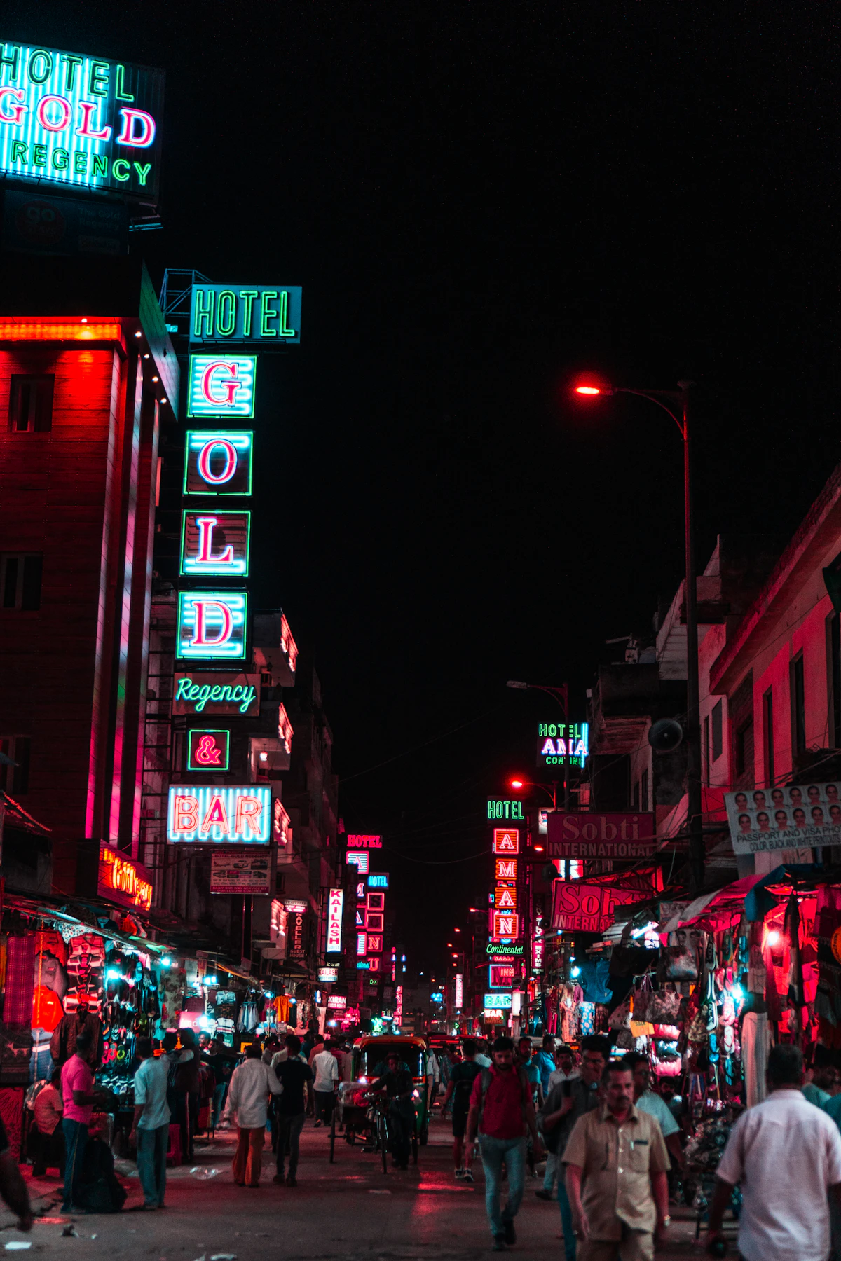 Vibrant neon city lights at night
