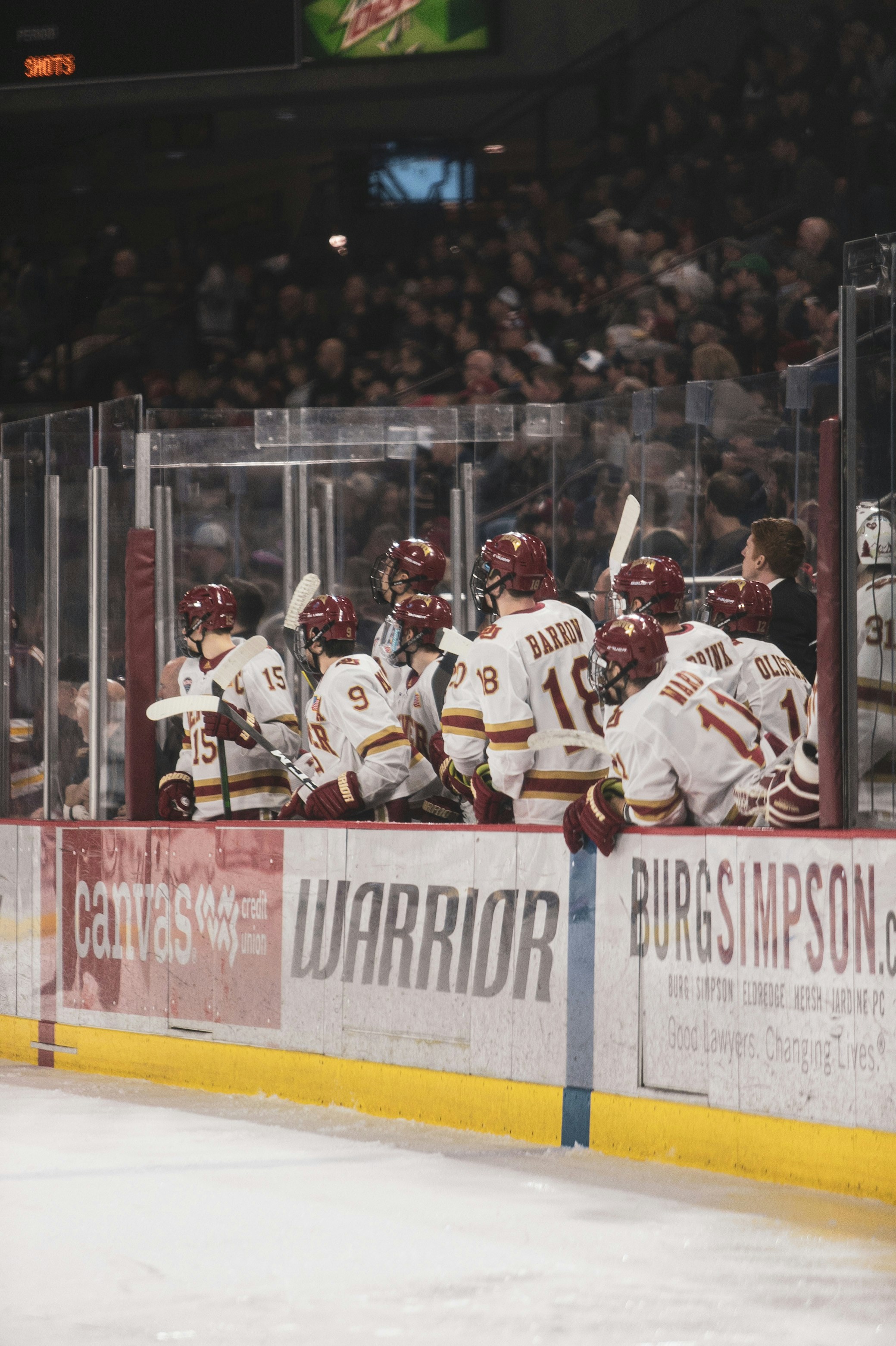 Ice hockey players competing on a rink inside a packed indoor arena