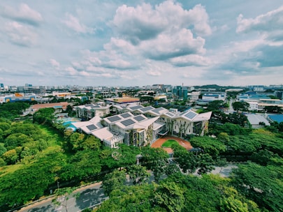 Aerial view of Zenith Complex showing industrial buildings and green areas under clear sky.
