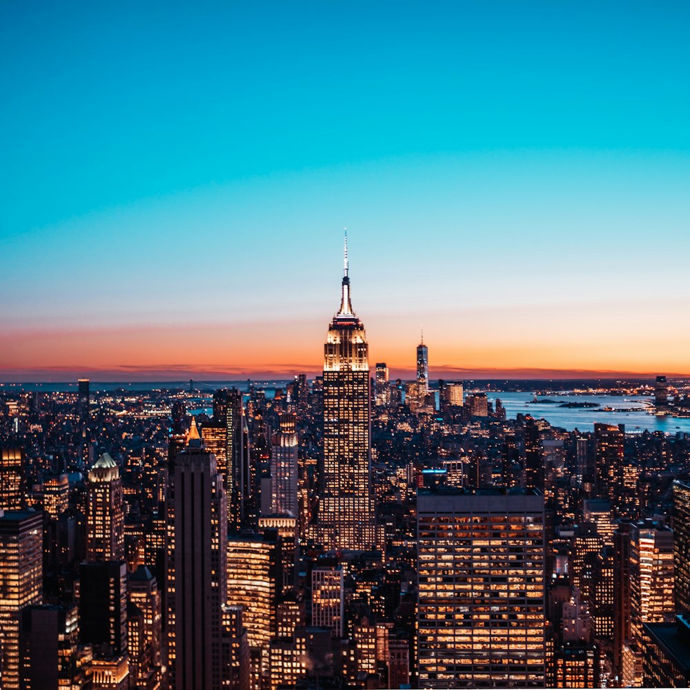 aerial view of city buildings during night time