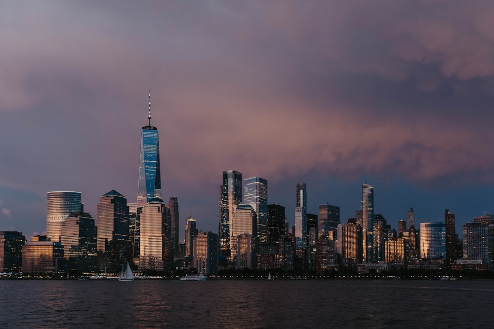 city skyline during night time