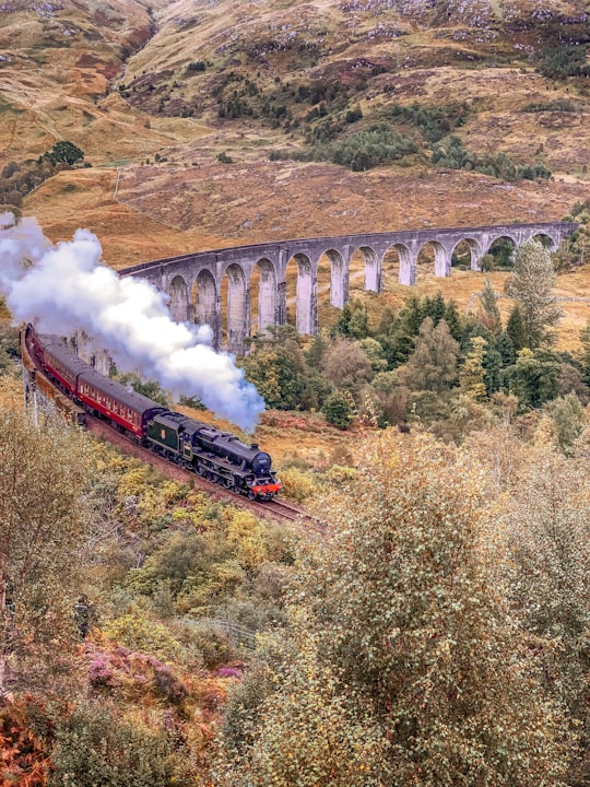 red and black train on rail track during daytime in Glenfinnan Viaduct United Kingdom