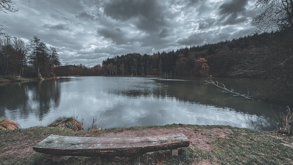 lago cercado por árvores verdes sob o céu nublado durante o dia