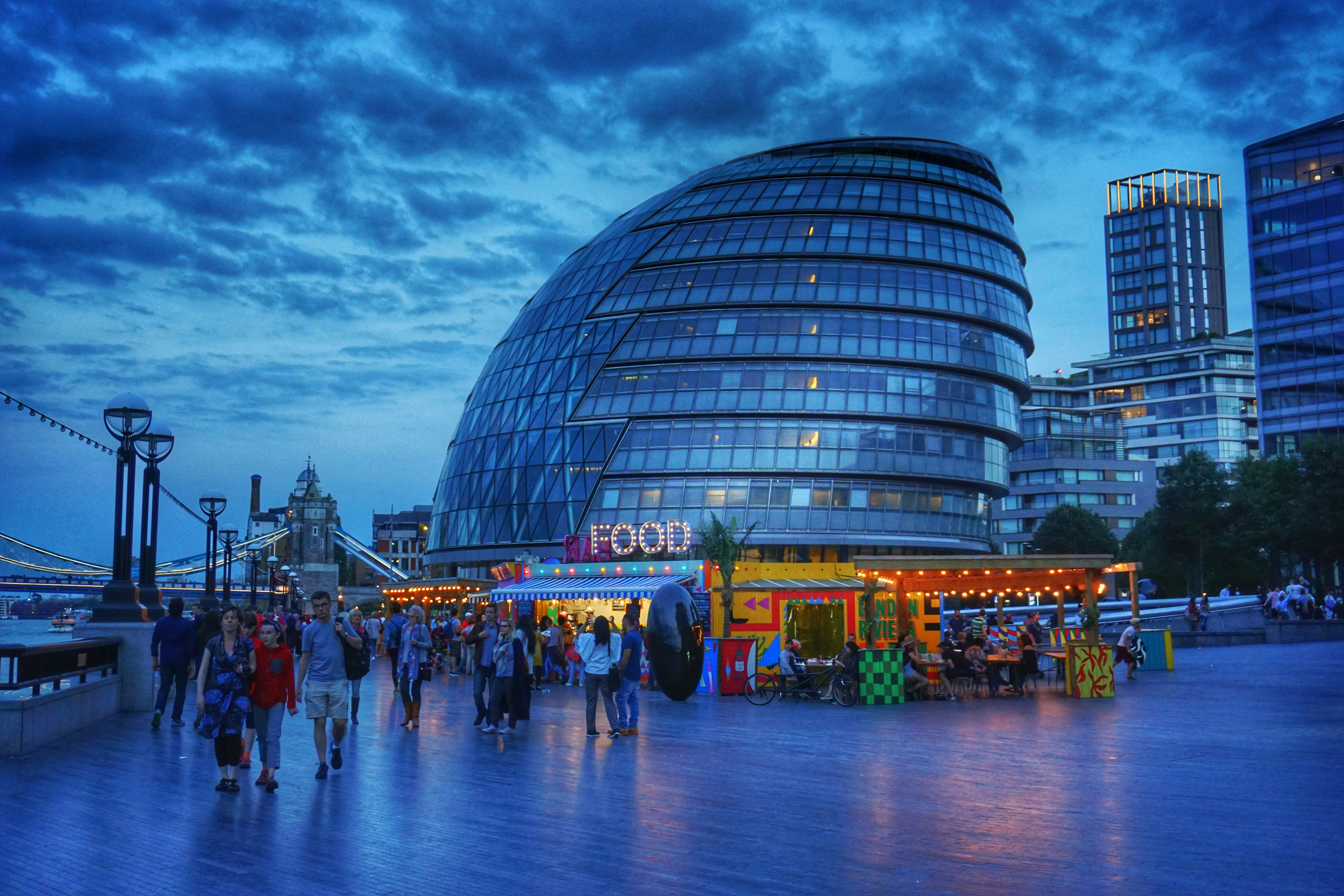 City Hall and early night life.