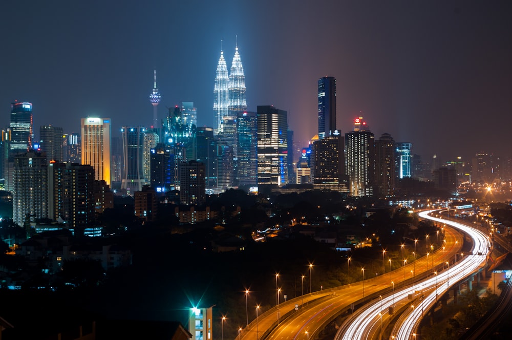 city skyline during night time