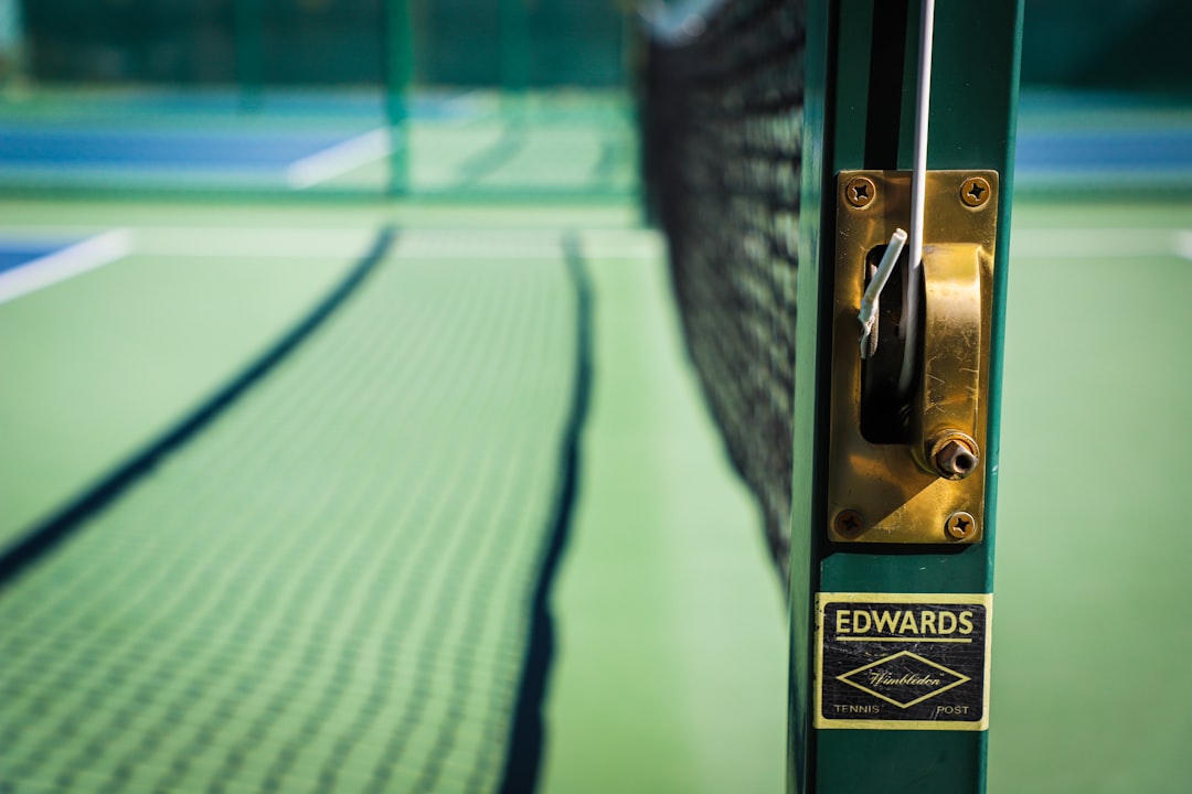 black and silver camera on green and white stripe textile, Pickleball net post