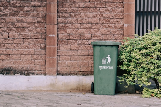 A large green trash bin with white text and a symbol stands beside a leafy bush. The background features a textured brick wall with a vertical column dividing sections of the wall.