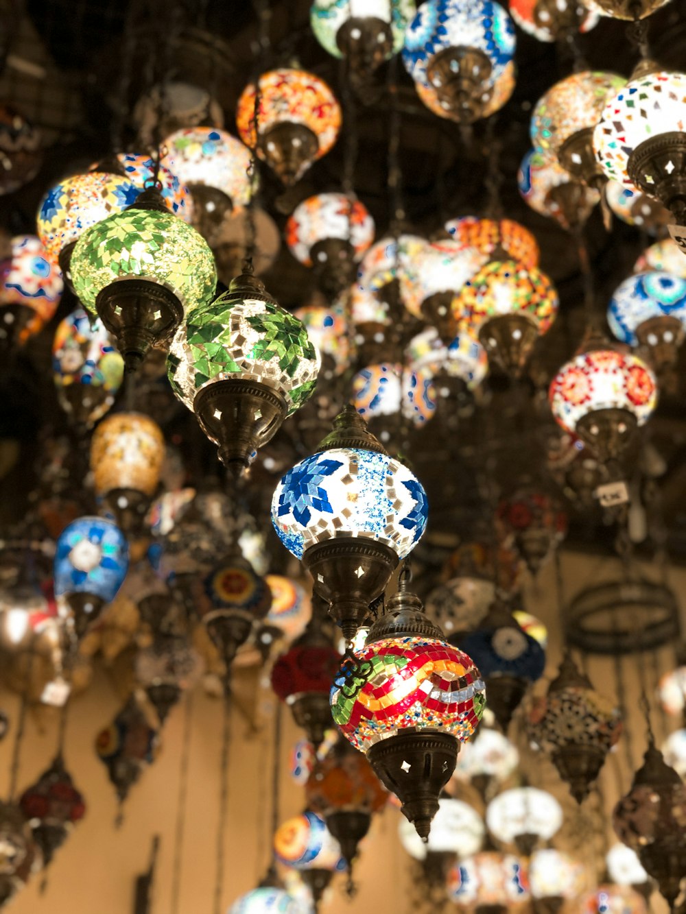 red green and yellow pendant lamps