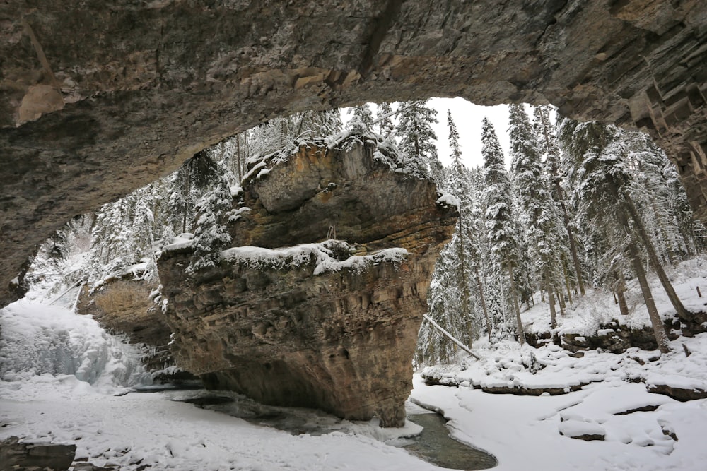 brown rock formation covered with snow during daytime