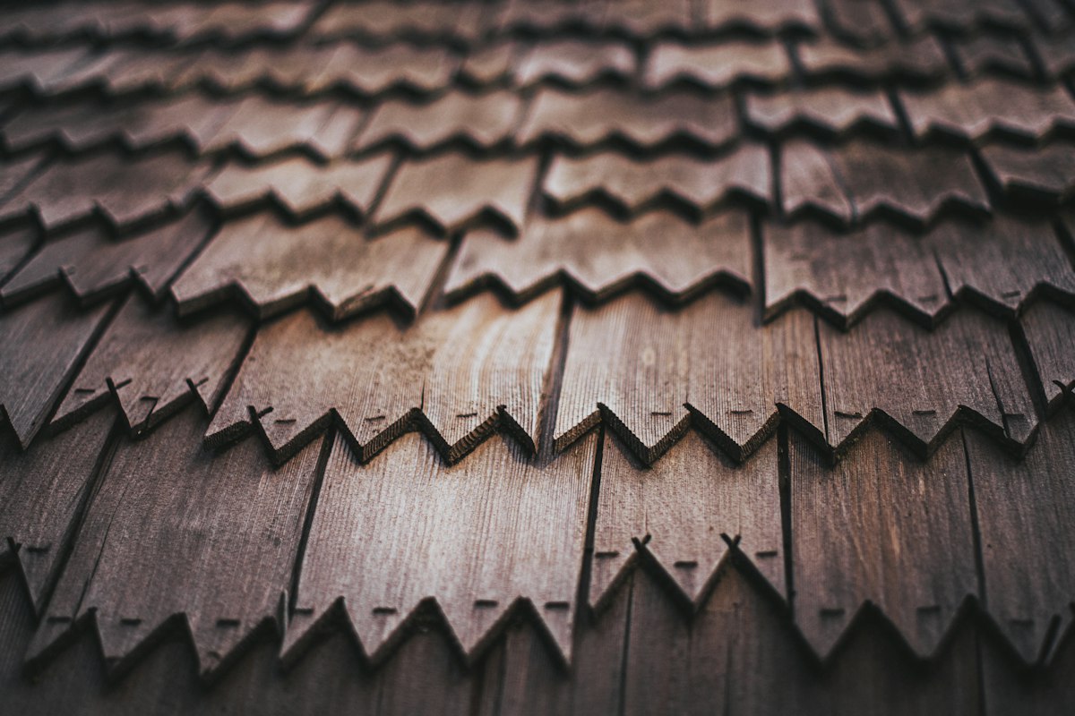 Close-up of natural wood cedar roof shingles