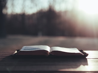A warm sunlit photograph of an ancient Indian manuscript resting on a wooden table with intricate carvings in the background.