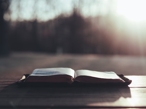 A serene landscape with a sunrise illuminating an open Bible on a wooden table.