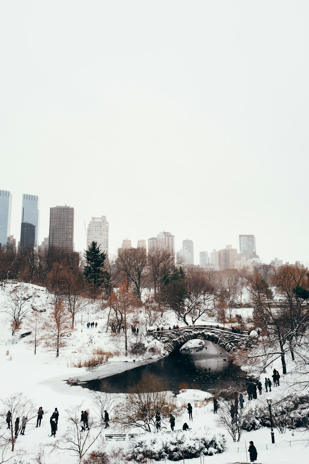 snow covered road near city buildings during daytime