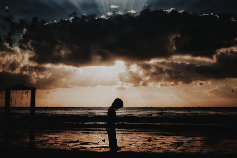 silhouette of person standing on beach during sunset