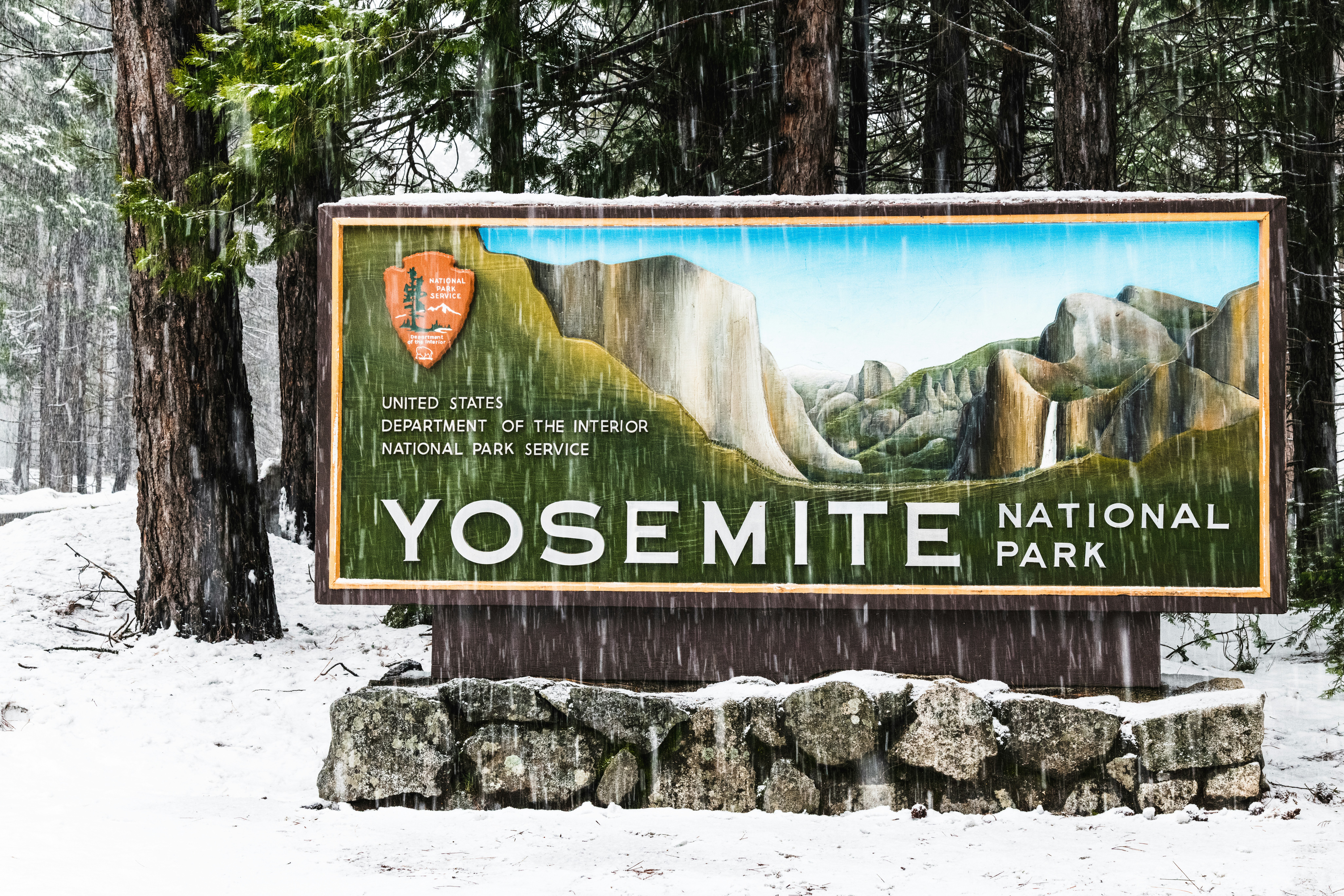 Rustic wooden entrance sign surrounded by tall trees in Yosemite National Park.