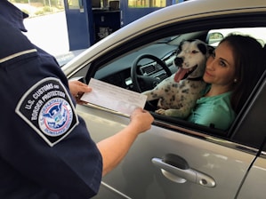 A border protection officer hands a document to a woman sitting in a car. Beside her is a black and white dog with its tongue out, looking friendly. The officer is in uniform, visible through the car window.
