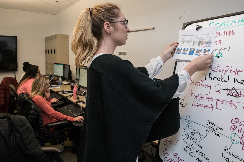 donna in blazer nero che scrive su carta bianca