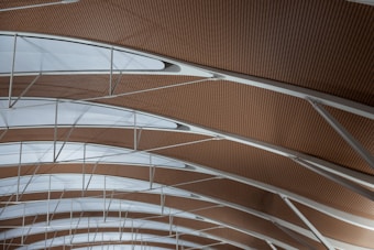 A modern architectural ceiling design with a patterned arrangement of wood and white translucent panels. The structure features curved beams and sleek metal supports, creating a sense of spaciousness and symmetry.