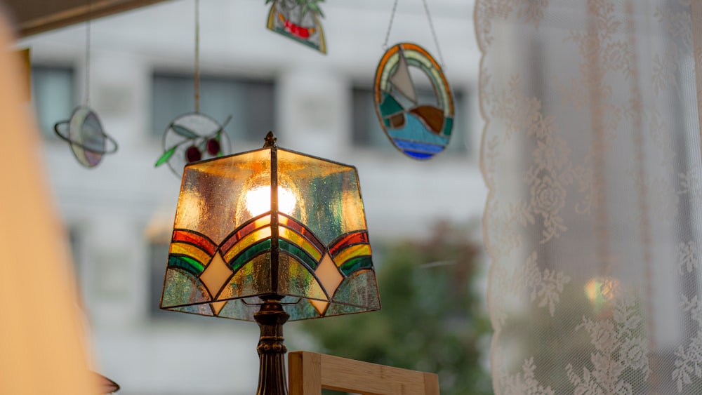 brown and blue tiffany lamp